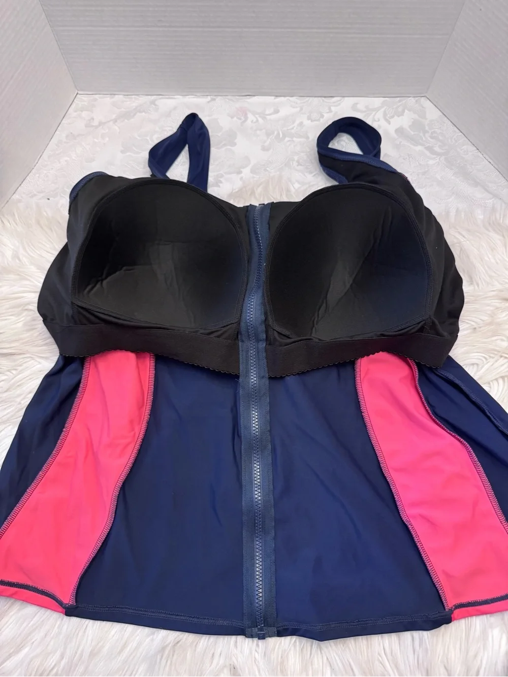 Aqua belle Swimsuits For All 26W Colorblock Navy Blue Pink Full Zip Tankini New